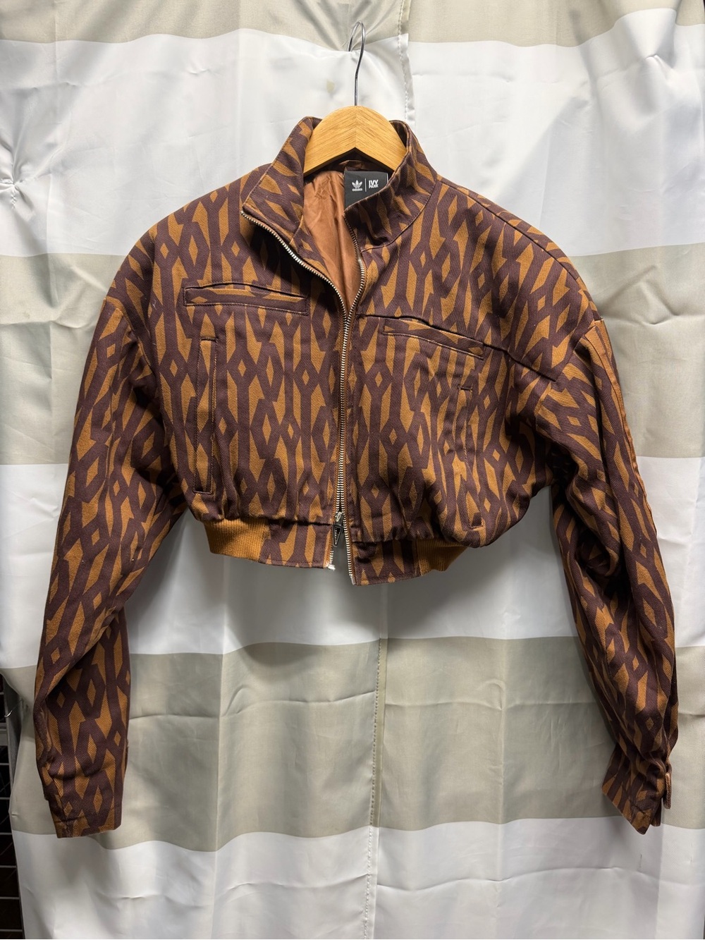 adidas Cropped Bomber Jacket in Brown & Tan Geometric Print